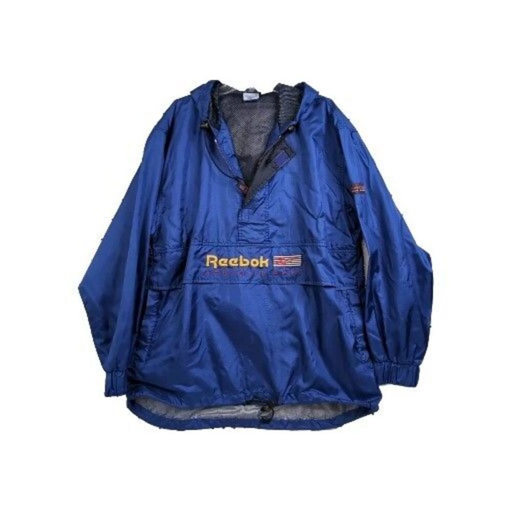 Vintage Reebok Windbreaker Jacket Blue Men’s Size M Packable Hood Half Zip